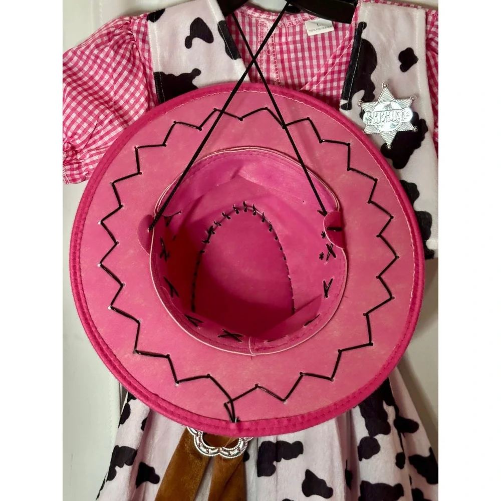 Girls Pink Cowgirl Western Sheriff Costume Gingham Cute Dress Cow Vest Hat Large